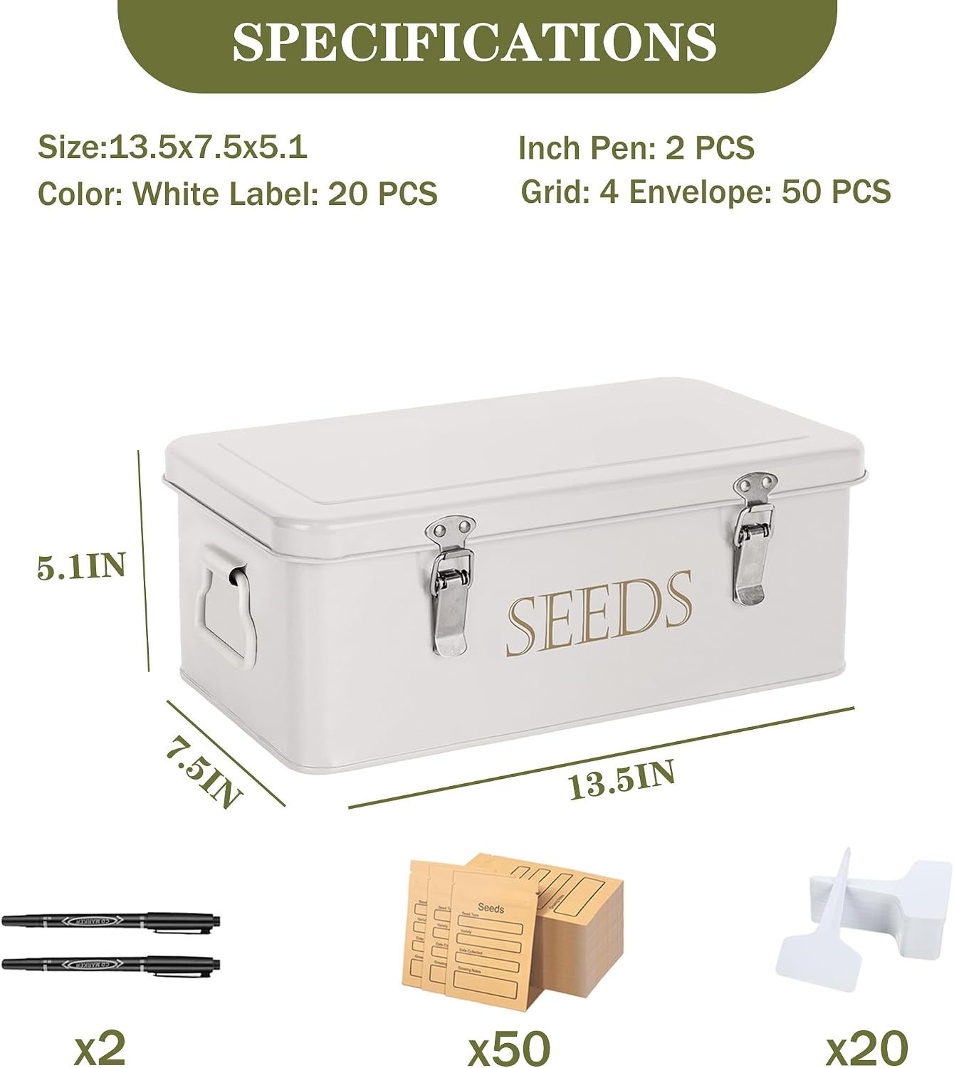 ECOPARK Seed Storage Box, Professional All-in-one Kit | with 2 Pens, 20 Plant Labels and 50 Seed Envelopes, Metal