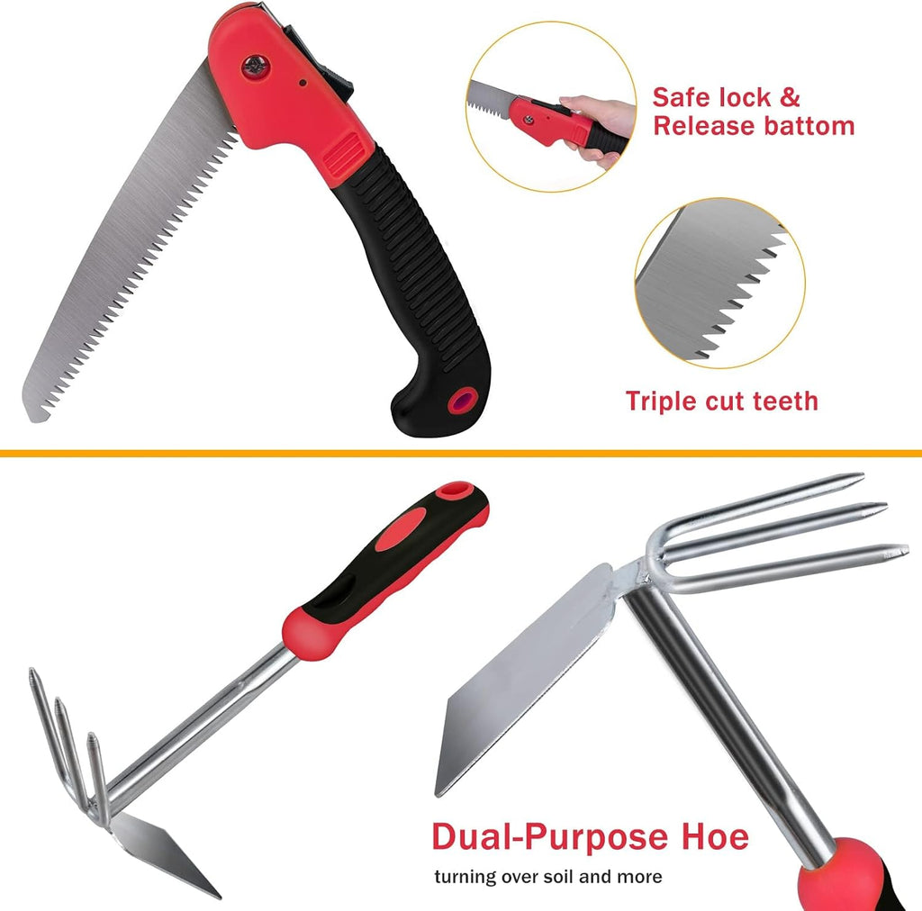 Red Gardening Tools, WisaKey 9 Piece Stainless Steel Heavy Duty Garden Tools with Non-Slip Ergonomic Handle, Garden