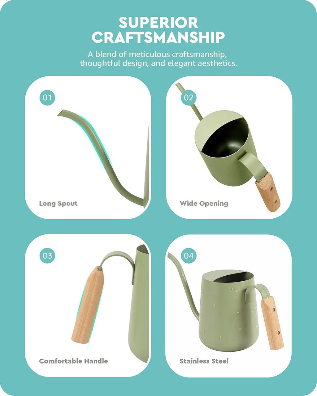 Baffect Watering Can Indoor Plants with Long Spout, 1L / 35oz (Sage Green) | Small Metal Watering Pot For Houseplant