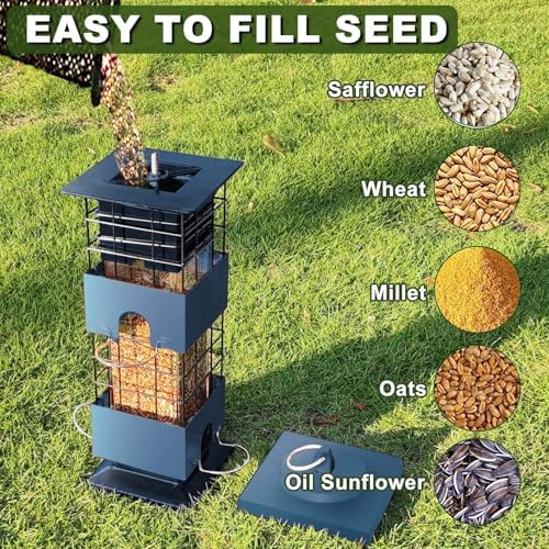 Squirrel Proof Bird Feeder, 3.5Lb Metal Bird Feeders for Outdoors Hanging, Weight Activated Birdfeeder with 4 Ports for Outside, Cardinal Finch Bluebird,Pigeon and Rat Resistant (Blue)