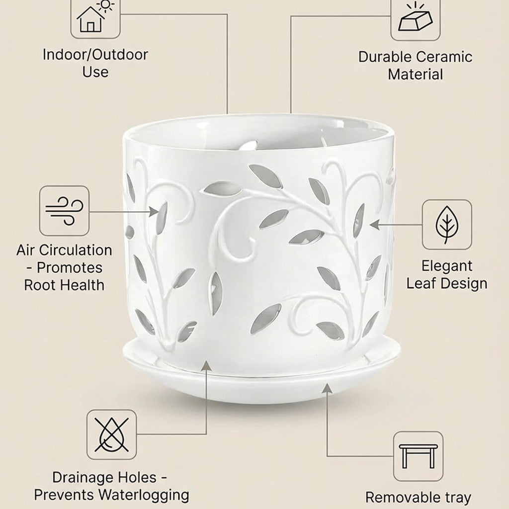 EFISPSS Ceramic Orchid Pots 5+6 Inch White with Drainage Holes & Tray, Breathable Airflow, Indoor & Outdoor