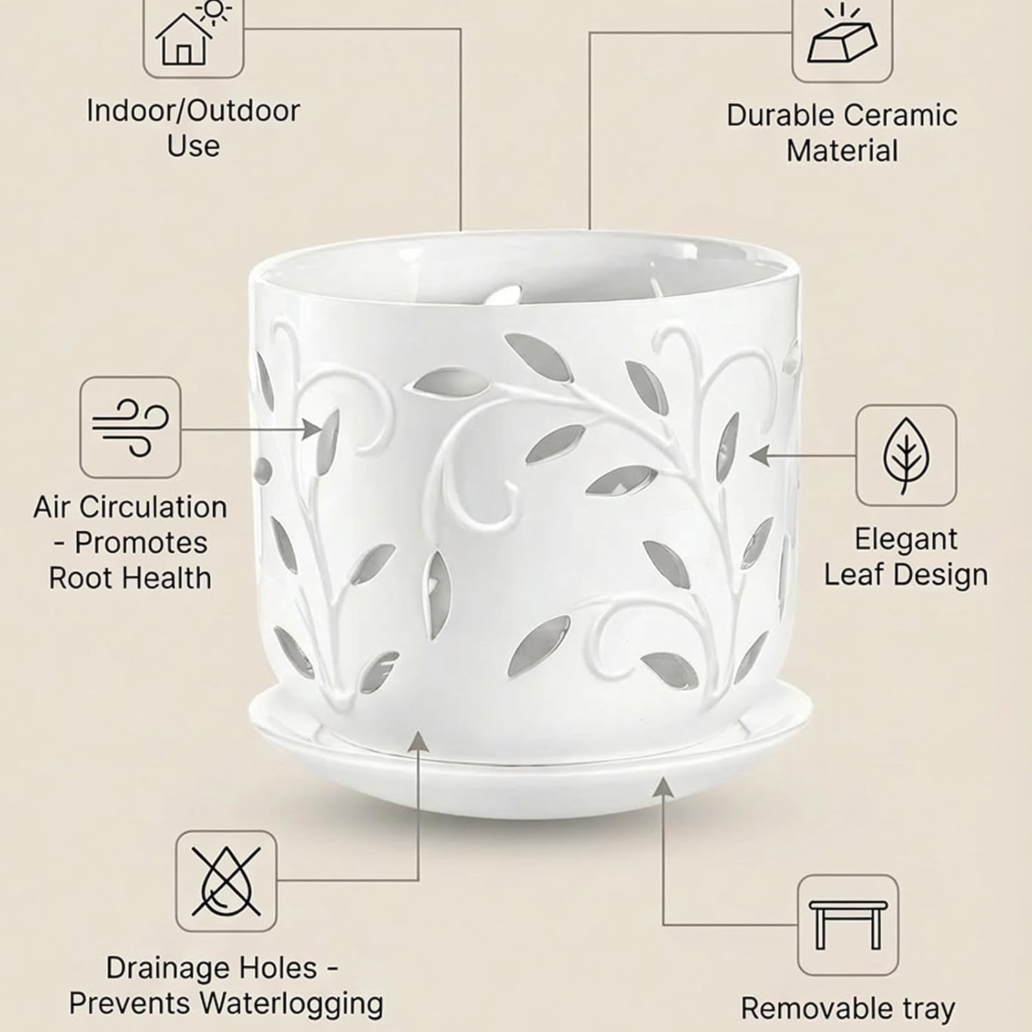 EFISPSS Ceramic Orchid Pots 5+6 Inch White with Drainage Holes & Tray, Breathable Airflow, Indoor & Outdoor