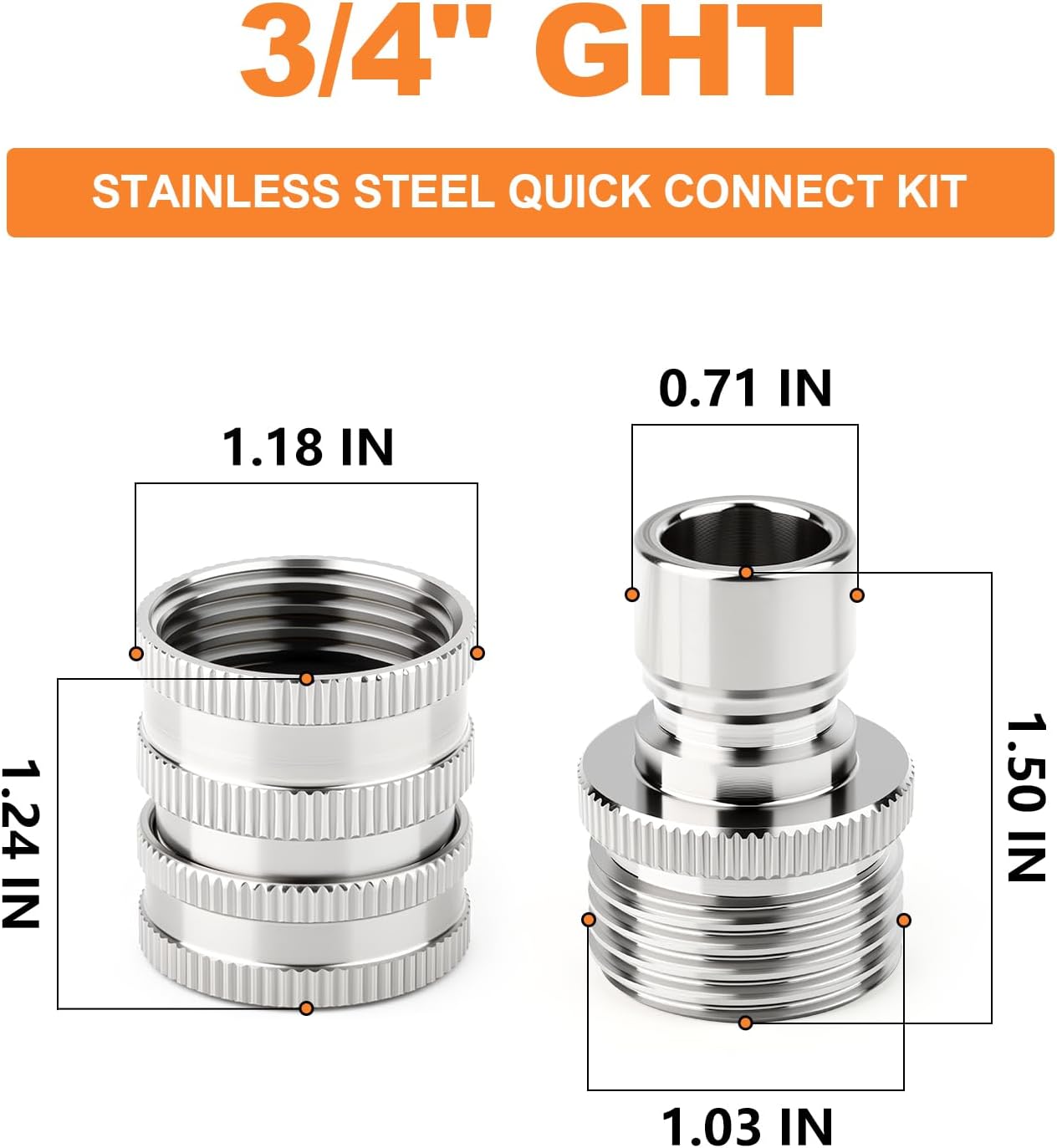 GASHER 5PCS Stainless Steel Quick Connect Kit, 3/4 Inch GHT Female Coupling for Garden Hose, Irrigation