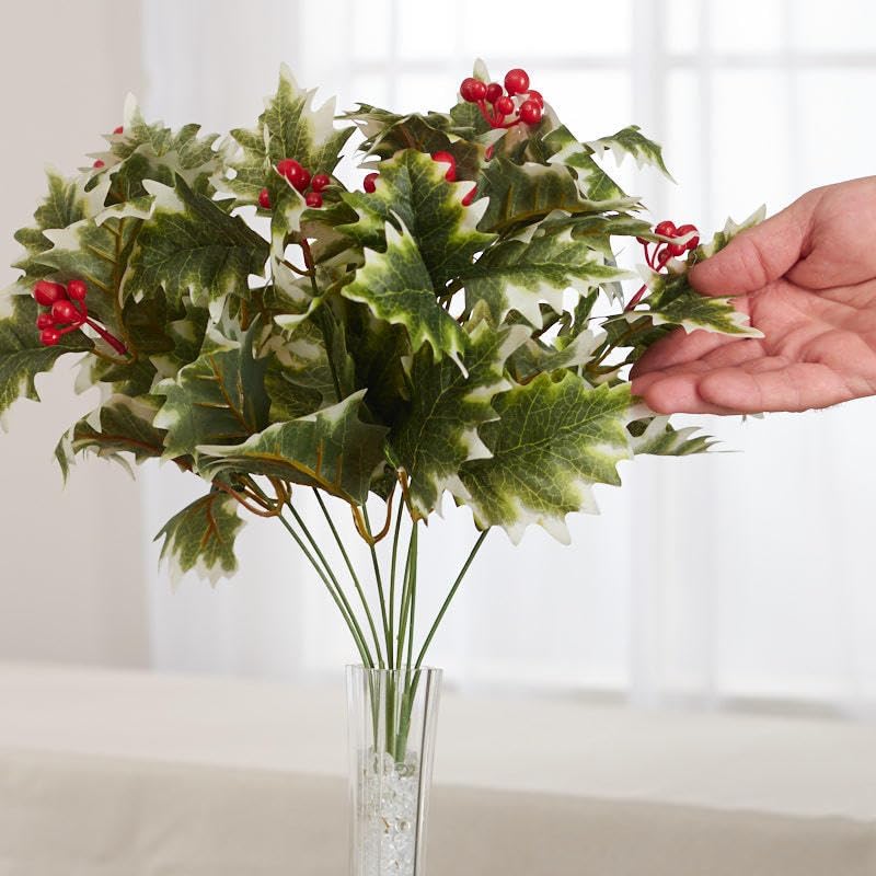 Factory Direct Craft Weather Resistant Artificial Variegated Holly and Berry Bush - Fake Holly for Indoor and Outdoor Christmas Arrangements and Holiday Decorating (18 Inches High)