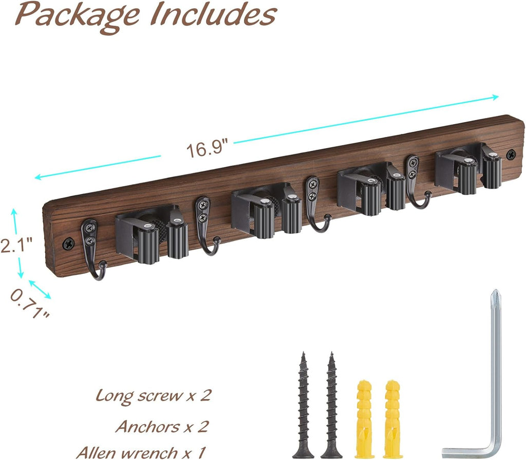 OUTNILI 2 Pack Mop Broom Holder Wall Mount - Wood Broom Mop Hanger - Wall Mounted Garden Tool Rack Organizer for Closet