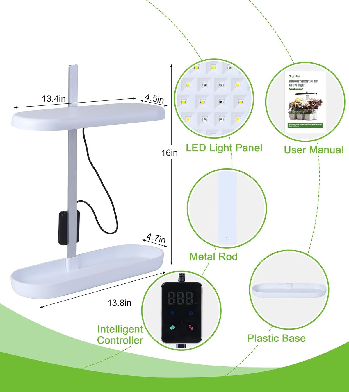 Grow Lights for Indoor Plants, 20W Full Spectrum LED Grow Lamp for Indoor Garden with Intelligent Controller, Height