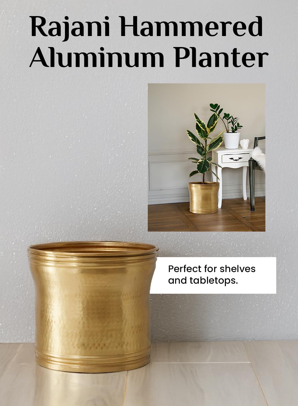 Serene Spaces Living Rajani Hammered Aluminum Planter – Decorative Indoor Plant Pot with Textured Finish, Antique