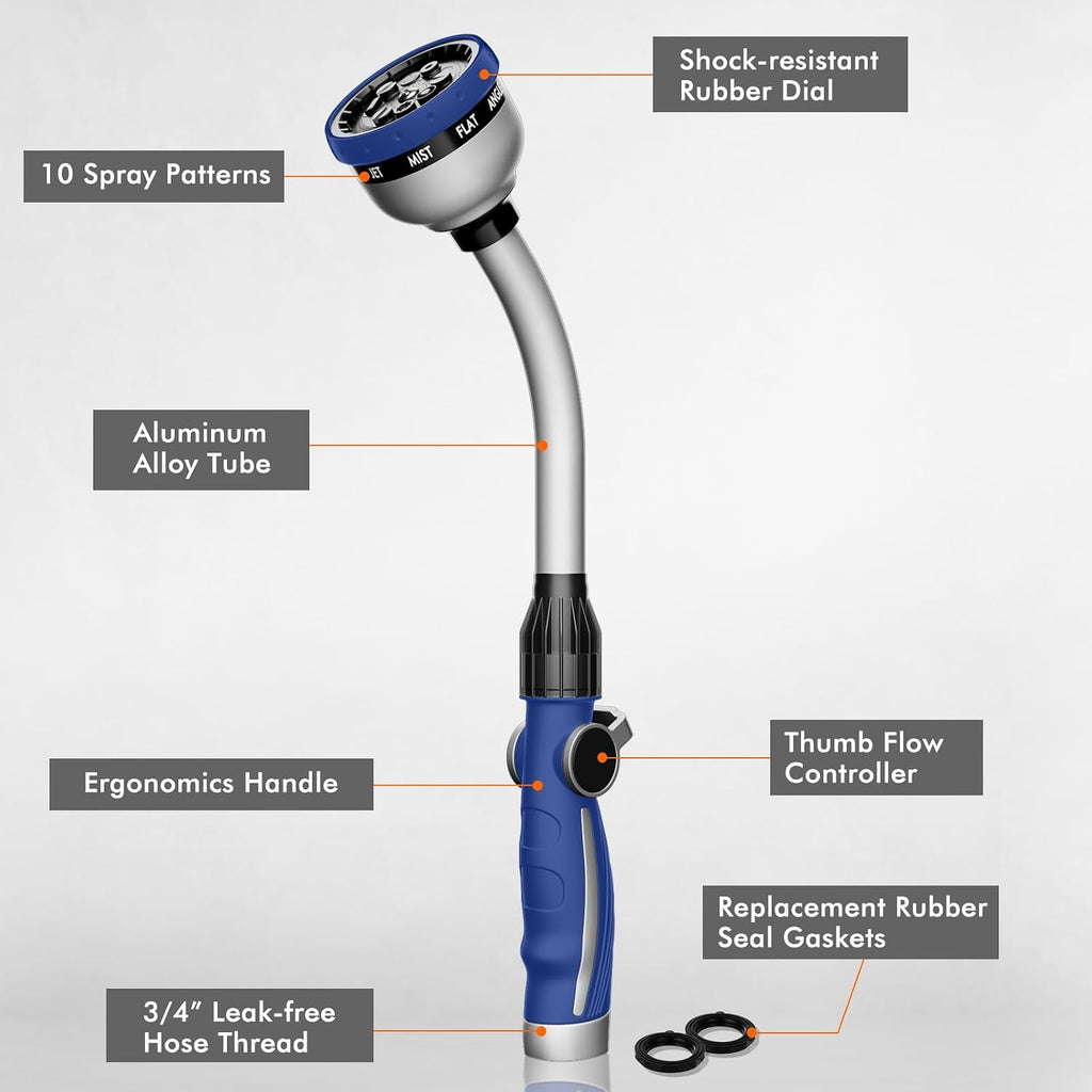 RESTMO Watering Wand Heavy Duty, 15-Inch Long Hose Nozzle Sprayer | 10 Spray Patterns & Thumb Flow Control, Metal