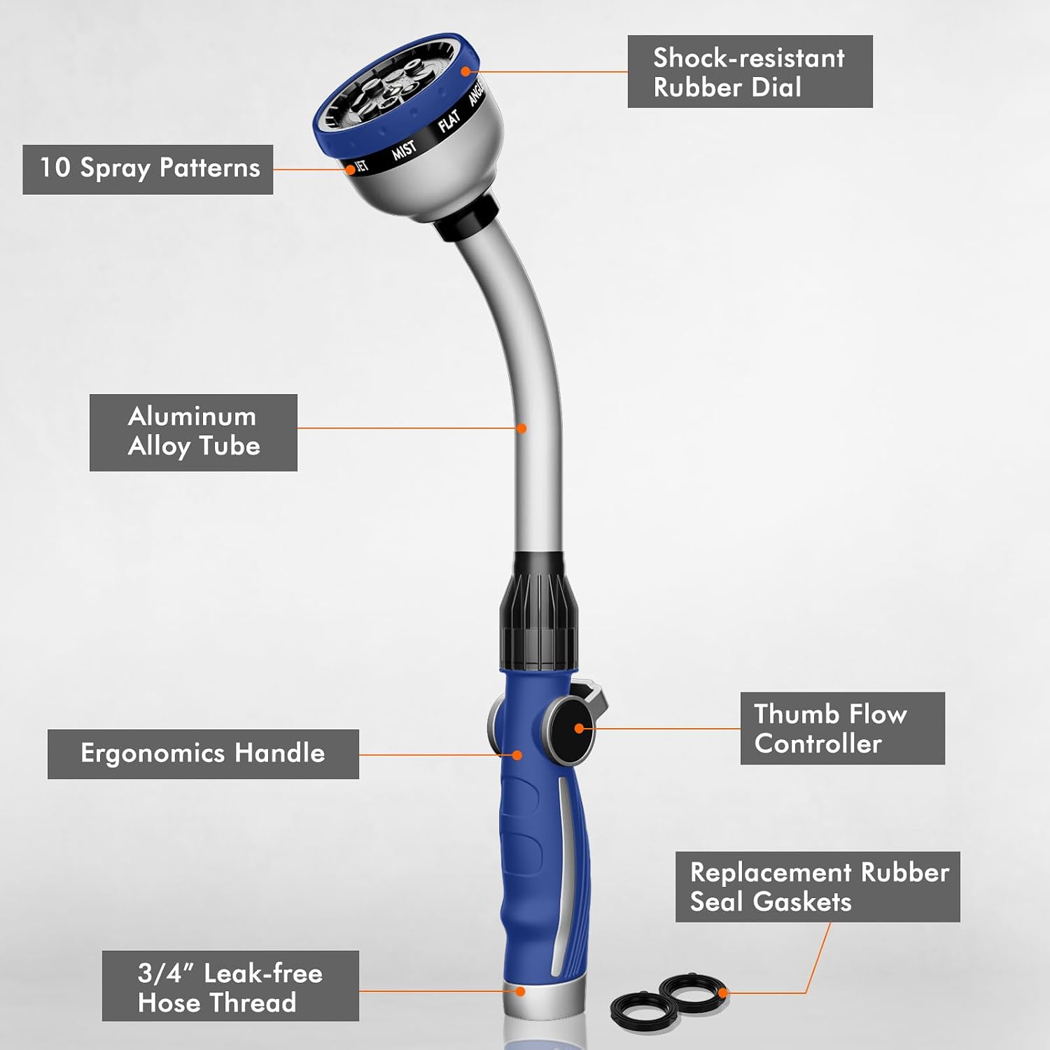 RESTMO Watering Wand Heavy Duty, 15-Inch Long Hose Nozzle Sprayer | 10 Spray Patterns & Thumb Flow Control, Metal