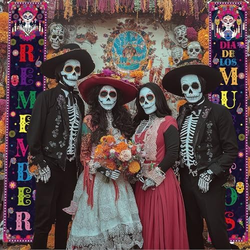Dia De Los Muertos Porch Banner Sign Day of The Dead Door Decorations Sugar Skull Hanging Banner for Indoor Outdoor, 12 X 71 Inch