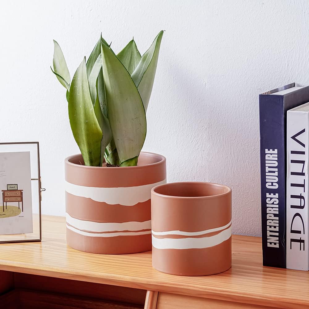 Nihow Ceramic Modern Plant Pot with Drainage for Indoor Plants,5+7 inch | set of 2, Terracotta,Cylinder Flower Pot with
