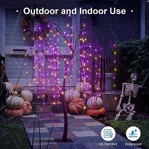 7 FT Halloween Lighted Willow Tree 256 LED Orange and Purple Lights Artificial Weeping Willow Tree with 6 Spiders Outdoor Indoor Decoration Christmas Festival Party Home Decor
