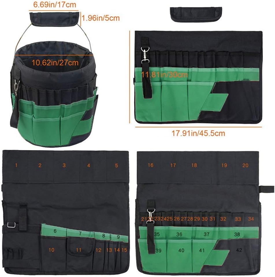 Green Gardening Tools Organizer 5 Gallon Bucket Tools Kit Storage Organizer with Handle, Garden 42 Pockets Tools