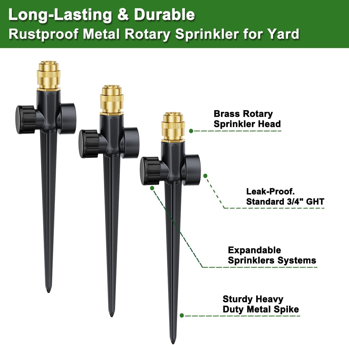 FANHAO 3-Pack Heavy-Duty Metal Lawn Sprinkler with Spike Base, 360° Adjustable Garden Water Sprinkler for Lawn