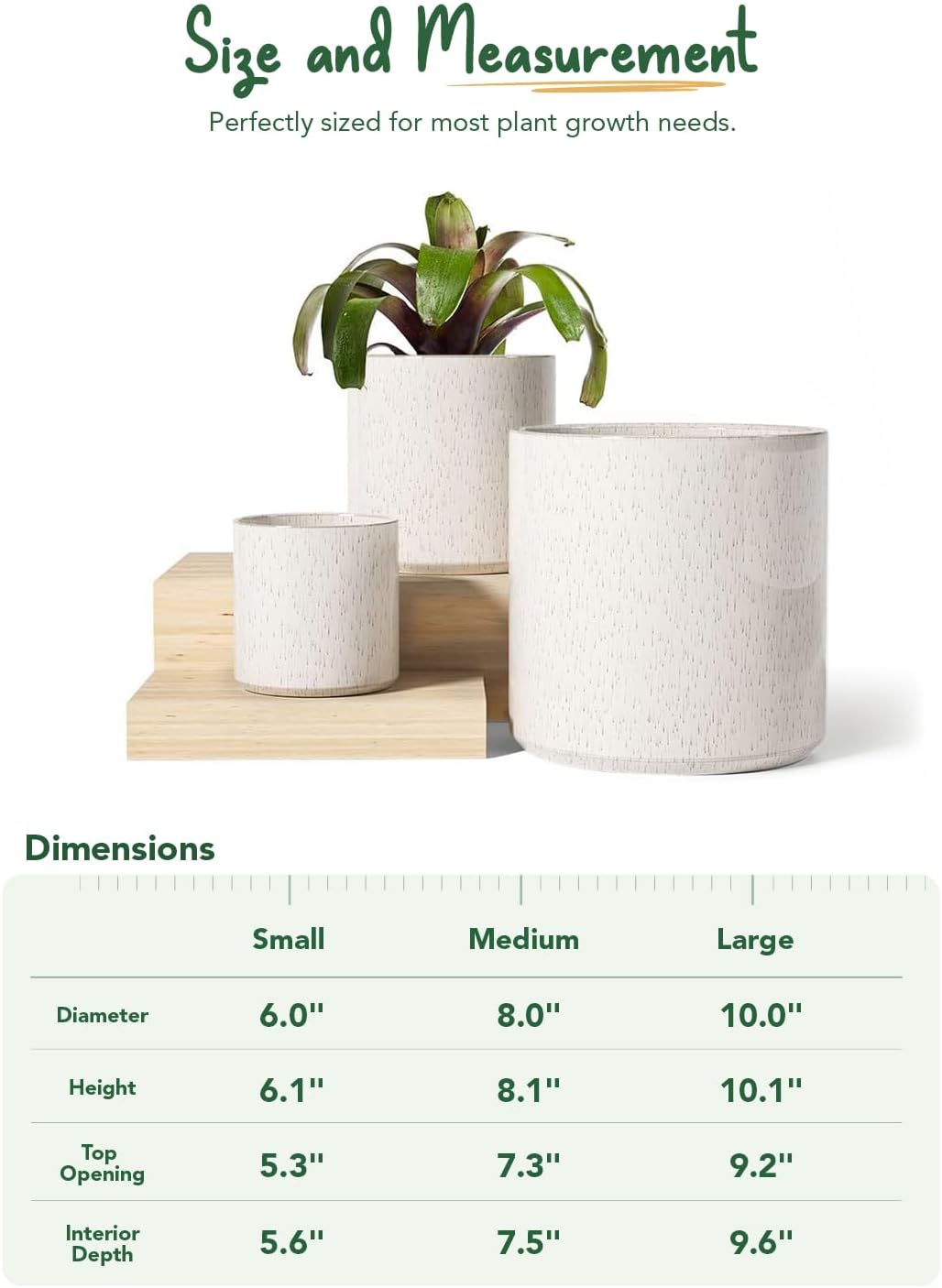 LE TAUCI 10+8+6 Inch Ceramic Pots for Plants, Indoor Planters with Drainage Hole and Plug, Modern Cylinder Flower Pots