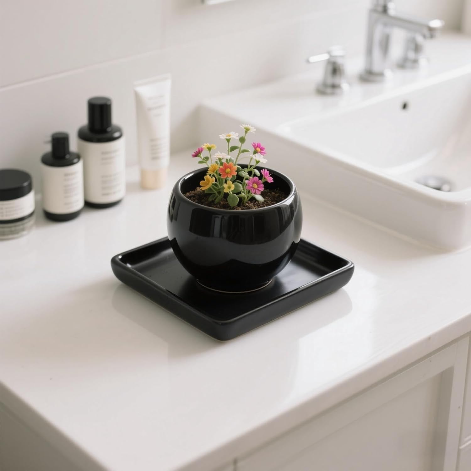 Square Ceramic Plant Saucer Tray 2 Pcs 5 6 Inch Black, 6.6" OD x5.5 ID x1.1 Deep, Sturdy Heavy Duty Glazed Planter Drip