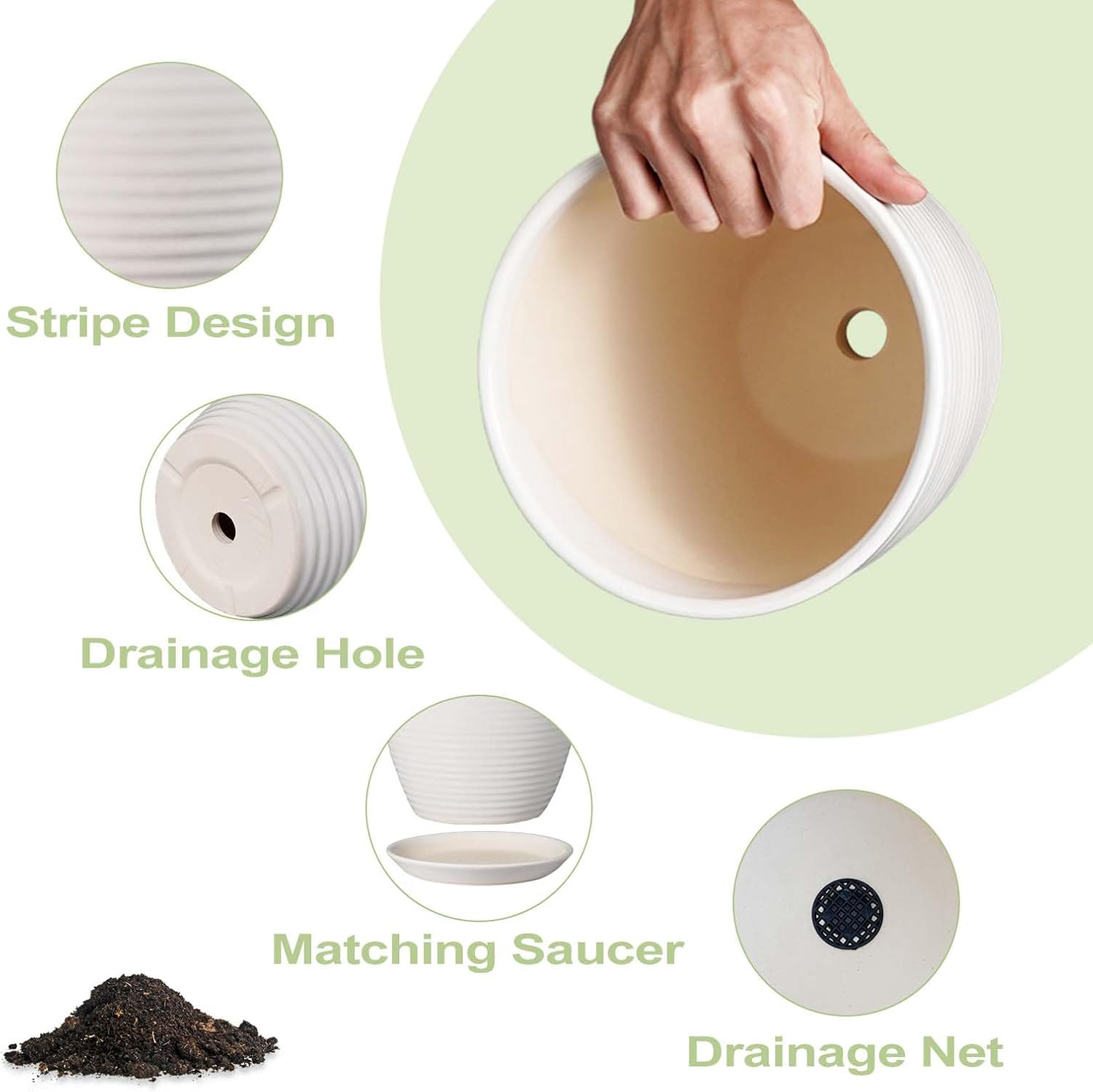 8 Inch Ceramic Planter Pot Round Plant Pot with Drainage Hole and Saucer Modern Flower Pot for Indoor Outdoor Plants