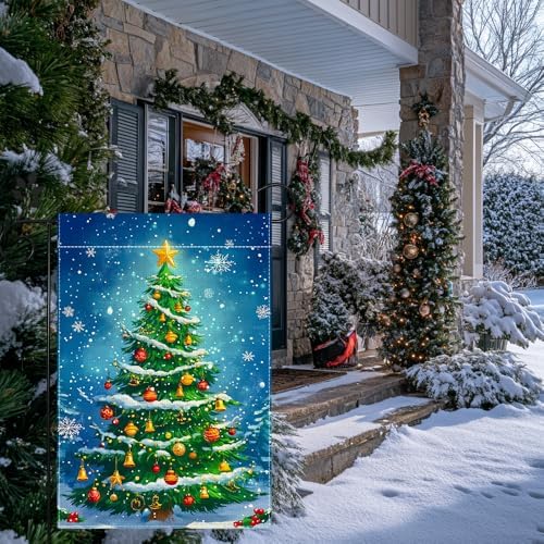 Winter Christmas Tree Garden Flag for Outside, Snowflake Xmas Ball Welcome Christmas Yard Flag 12x18 Inch Double Sided Burlap Holiday Farmhouse Home Decoration Outdoor Flag