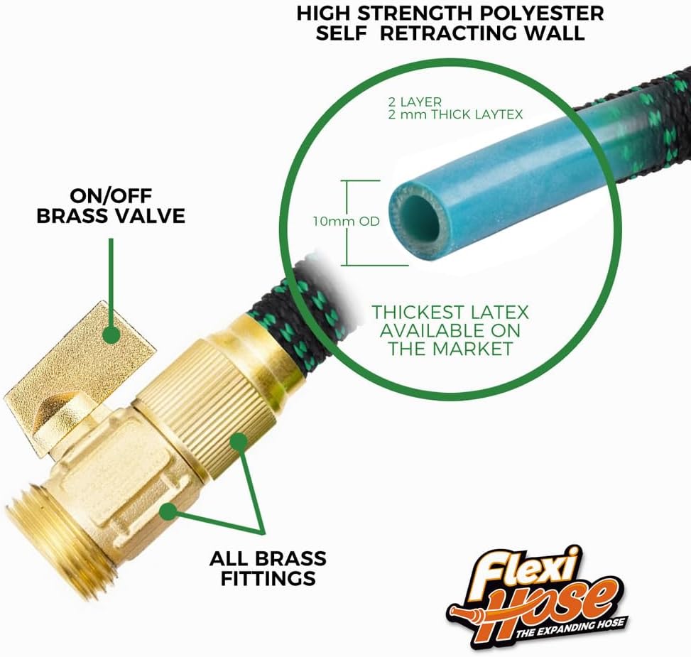 Flexi Hose with 8 Function Nozzle, 25FT - Lightweight Expandable Garden Hose, No-Kink Flexibility, 3/4 Inch Solid Brass