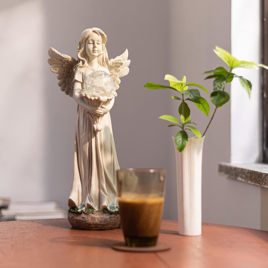 Garden Angels Outdoor Statue, Solar Angel with Crackled Glass Globe | 16.3'' Resin Angel Statue with Warm Led Lights