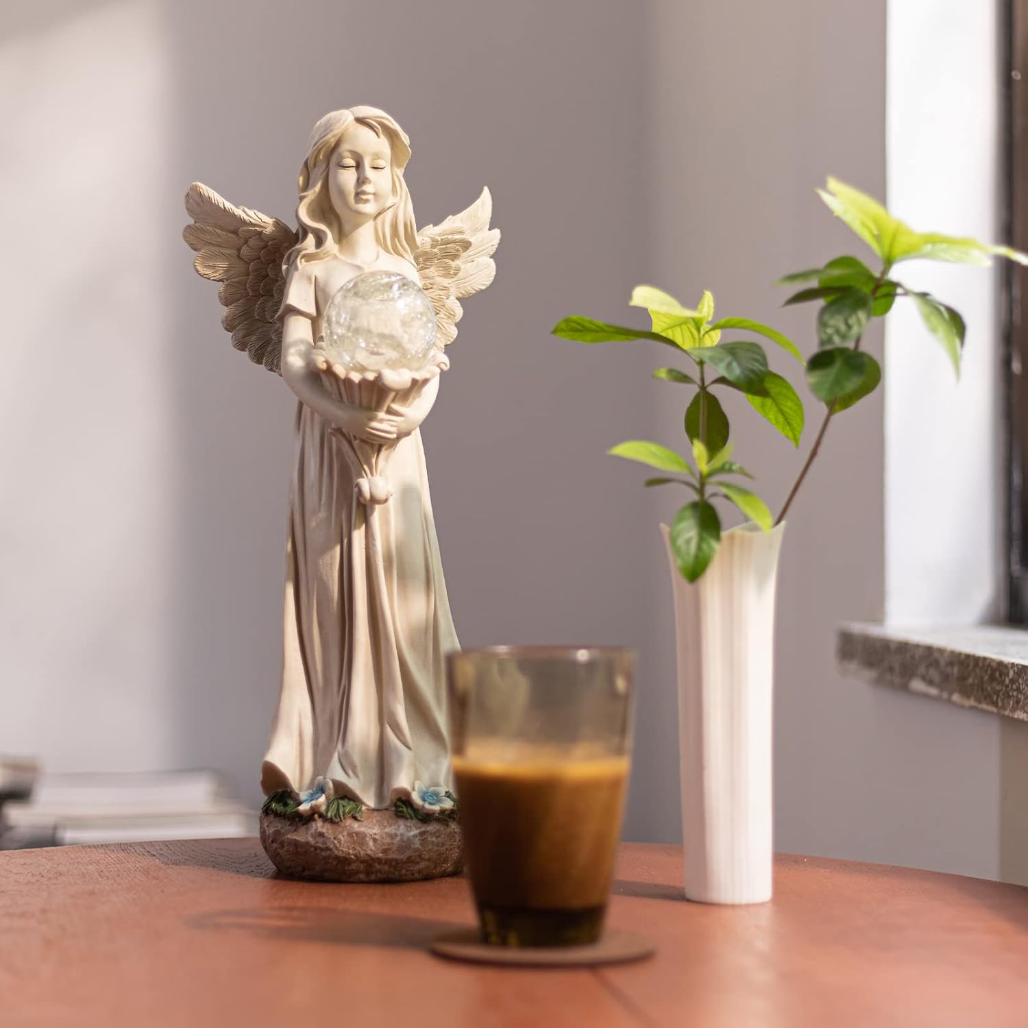Garden Angels Outdoor Statue, Solar Angel with Crackled Glass Globe | 16.3'' Resin Angel Statue with Warm Led Lights