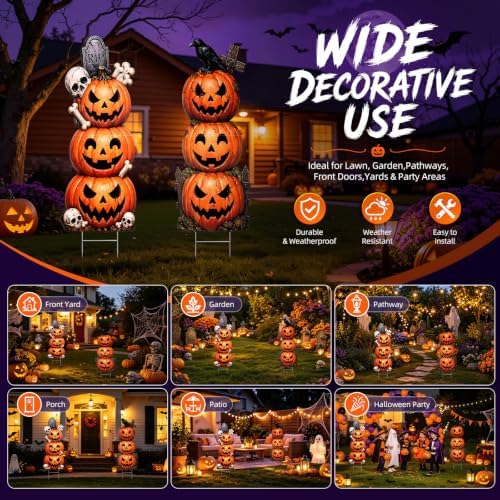 2 Pack Halloween Pumpkin Yard Signs with Stakes for Outdoor Decor