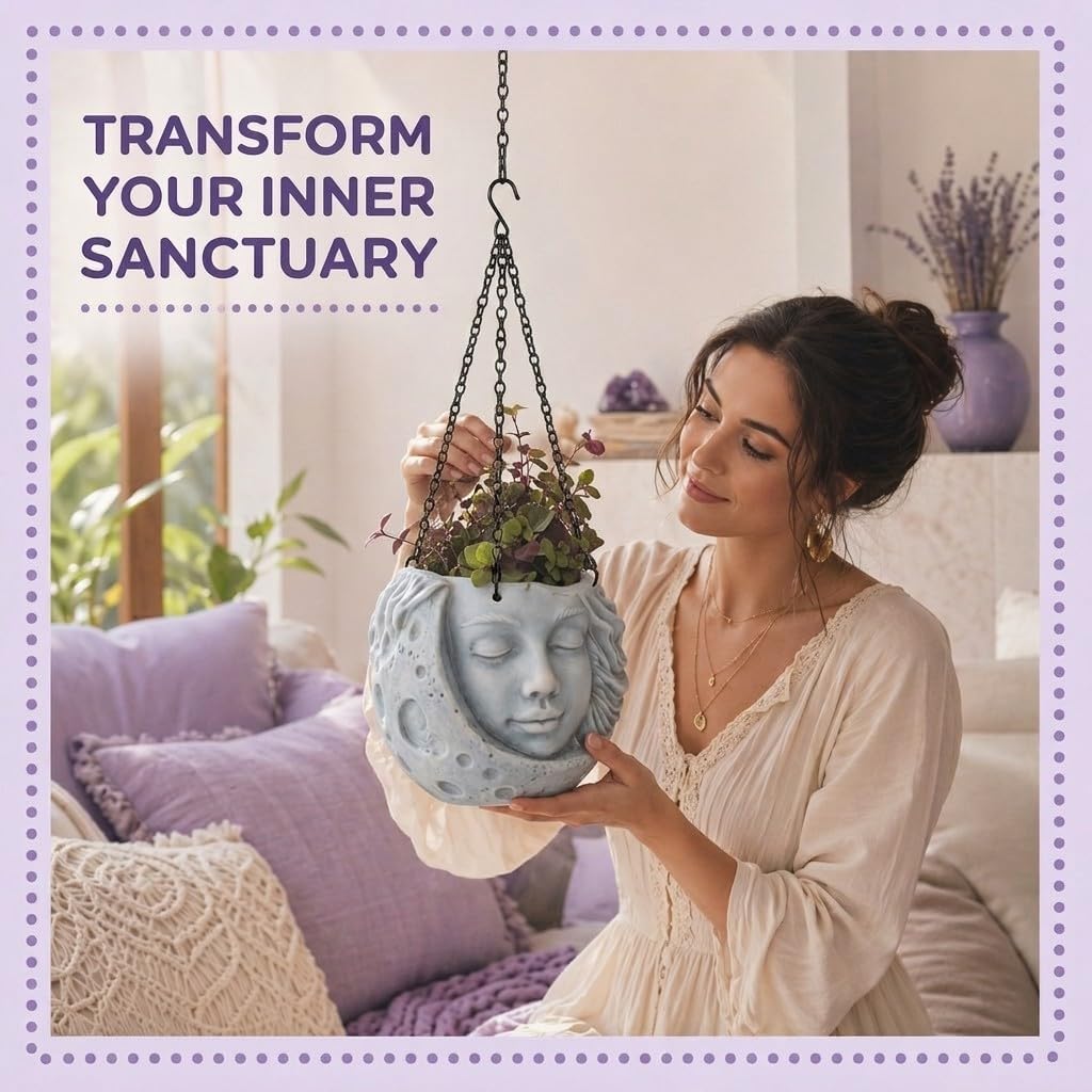 Fun & Unique Moon Face Hanging Planter Quirky Celestial Decor for Plant Lovers – Indoor Outdoor Flower Basket for