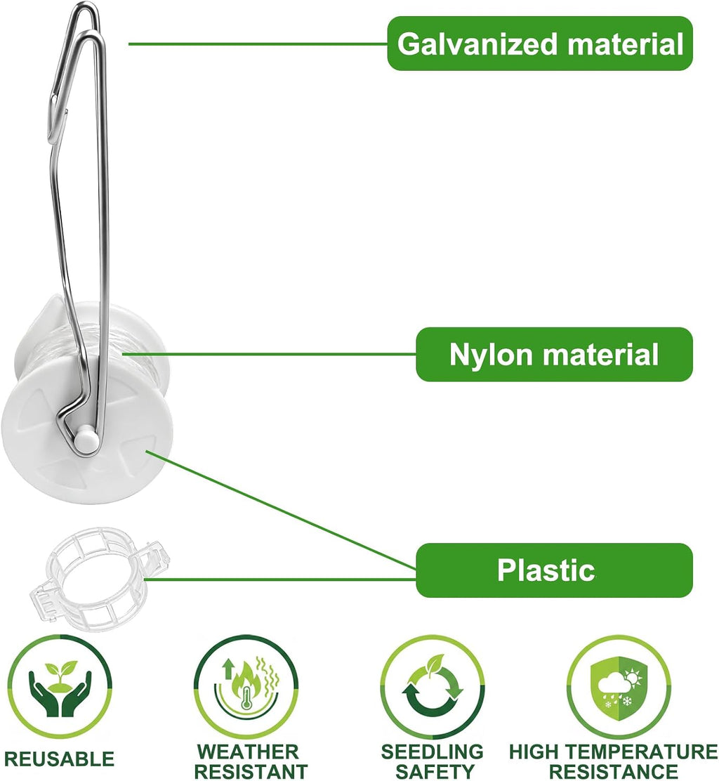 24 Pack Tomato Roller Hooks with 49.2 Feet String and 240 Pcs Clips for Tomato Support Trellis, Grape, Climbing Plants
