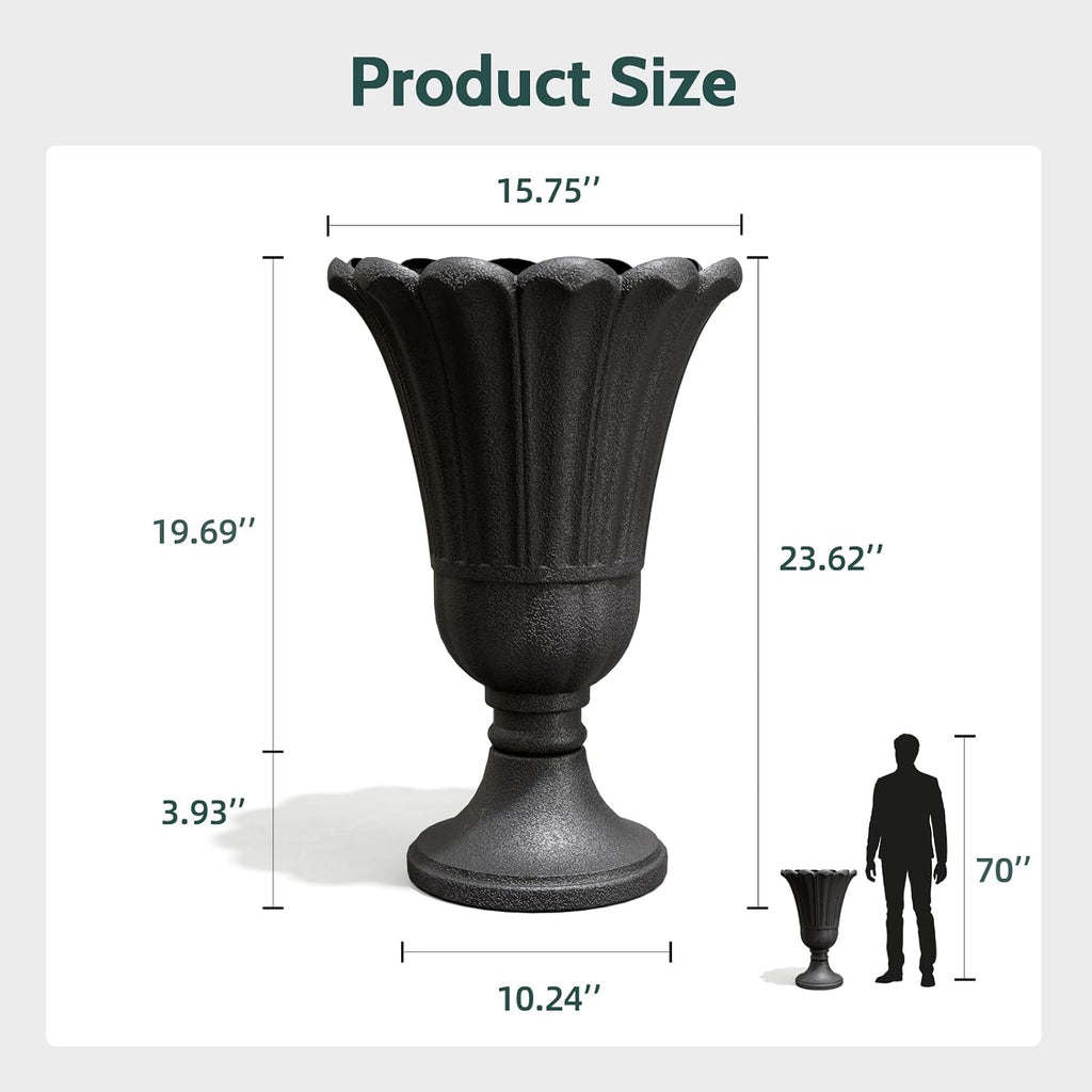 Tall Plastic Urn Planters and Pedestal - 24" Outdoor Planter Black | Weather-Resistant Plastics HDPE Material with