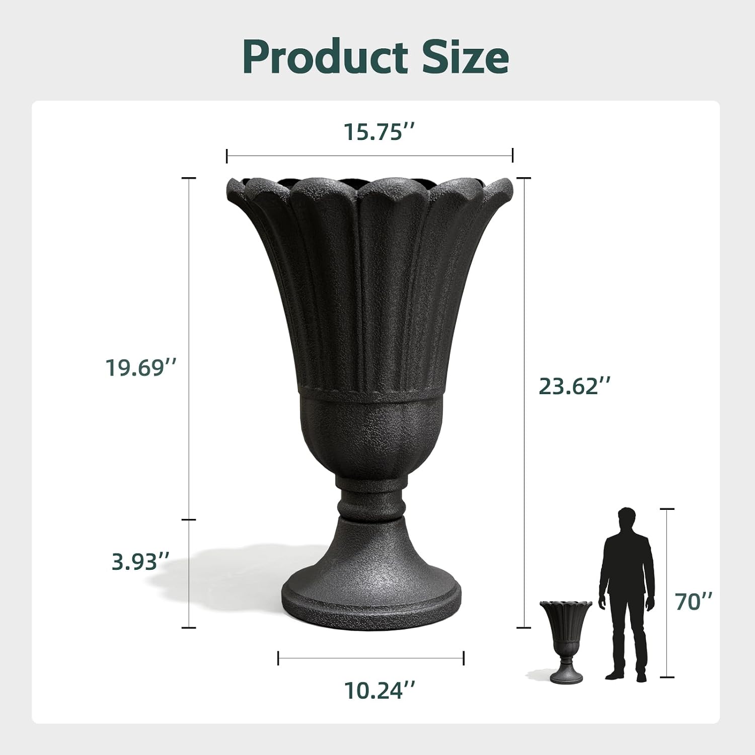 Tall Plastic Urn Planters and Pedestal - 24" Outdoor Planter Black | Weather-Resistant Plastics HDPE Material with