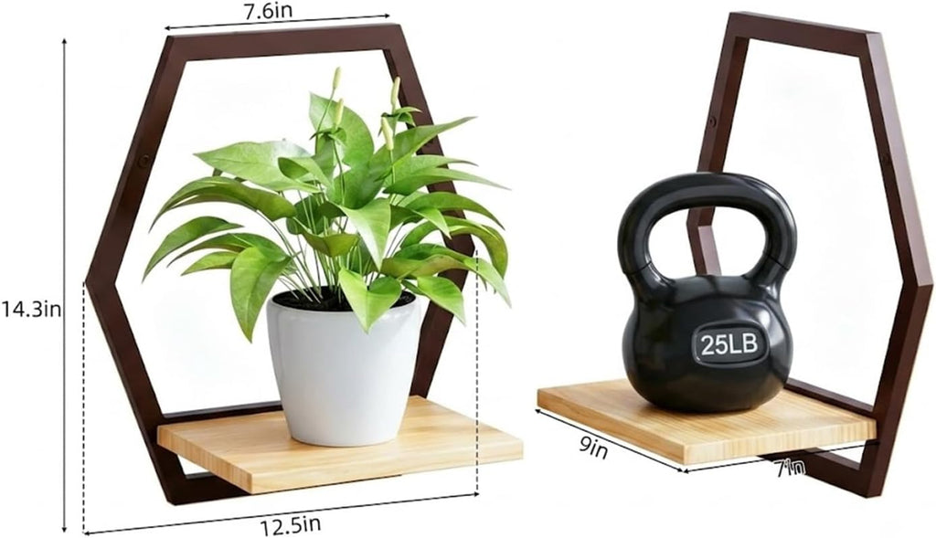 3 Pack Hexagon Wall Plant Stands, 9 Inch Wood Shelf, Coffee | Soild Wood,Metal Framework,Wall Plant Stand,Natural Wood