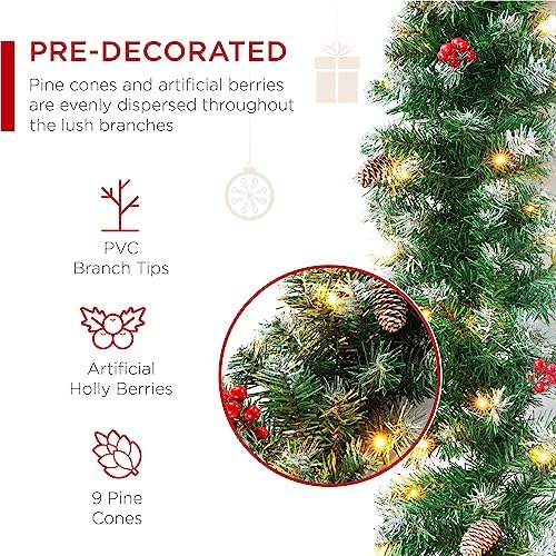 Best Choice Products 9ft Pre-Lit Holiday Pre-Decorated Christmas Garland for Stairs, Fireplace, Decoration w/PVC Tips, 50 Lights, Pine Cones, Berries - Semi-Flocked