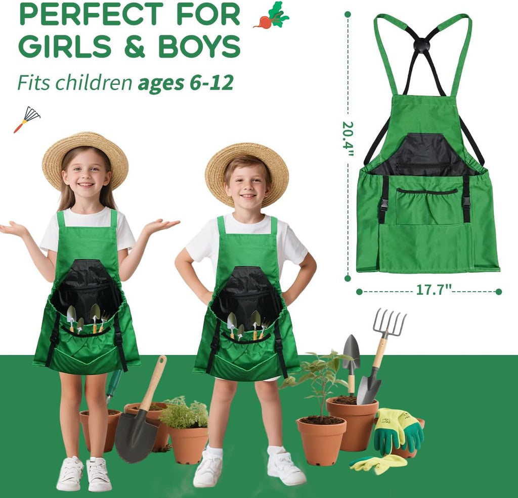 Kids Gardening Apron,Canvas Garden Apron with Pockets and Harvesting Pouch for 6-12 Grils and Boys