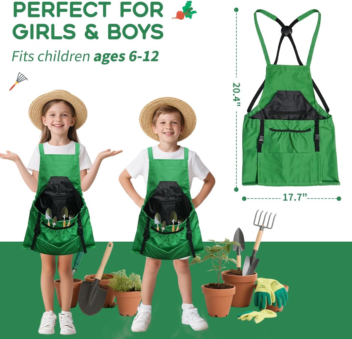Kids Gardening Apron,Canvas Garden Apron with Pockets and Harvesting Pouch for 6-12 Grils and Boys
