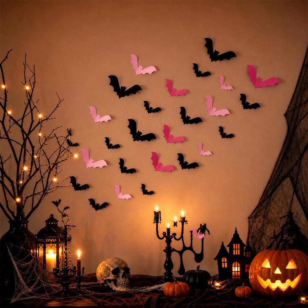 Halloween 3D Lighted Bats, LED Purple Glowing Wall Stickers, Indoor Outdoor