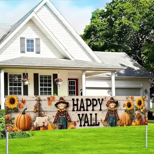 BlissYard Happy Y'all Scarecrow Fall Banner for Outside 118 x 20 Inch
