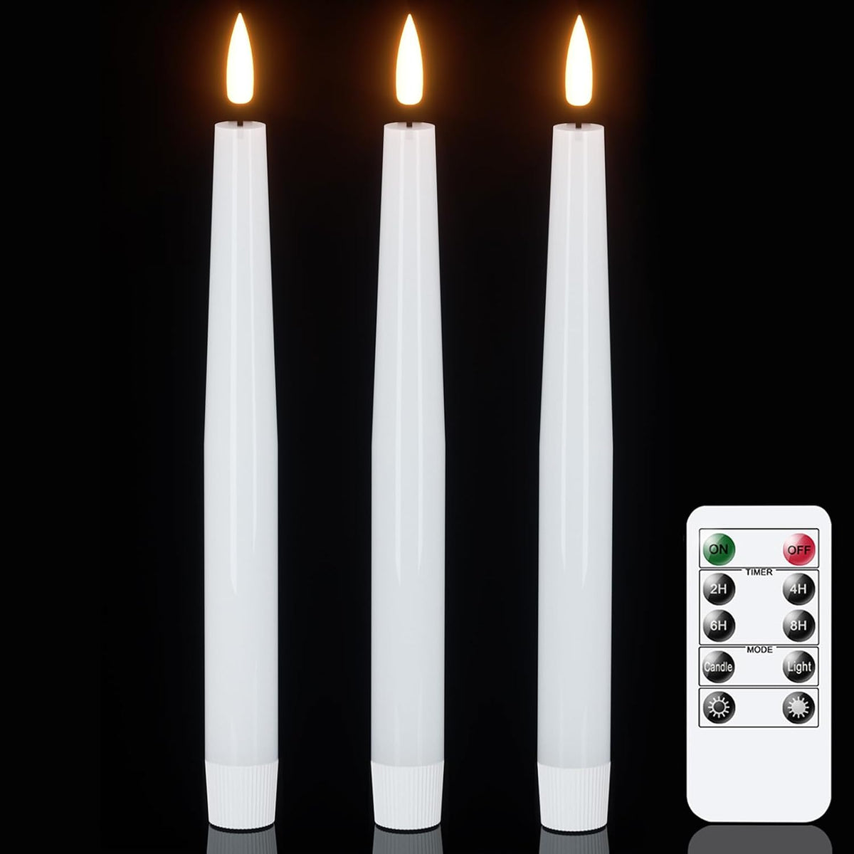 GenSwin Flameless Taper Candles with Remote, White LED Taper Candles Battery Operated, Real Wax Flameless Candlesticks with 3D Wick for Home Party Decor(Set of 3, 0.78” x 9.84”)