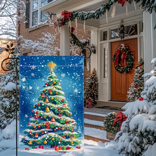 Winter Christmas Tree Garden Flag for Outside, Snowflake Xmas Ball Welcome Christmas Yard Flag 12x18 Inch Double Sided Burlap Holiday Farmhouse Home Decoration Outdoor Flag