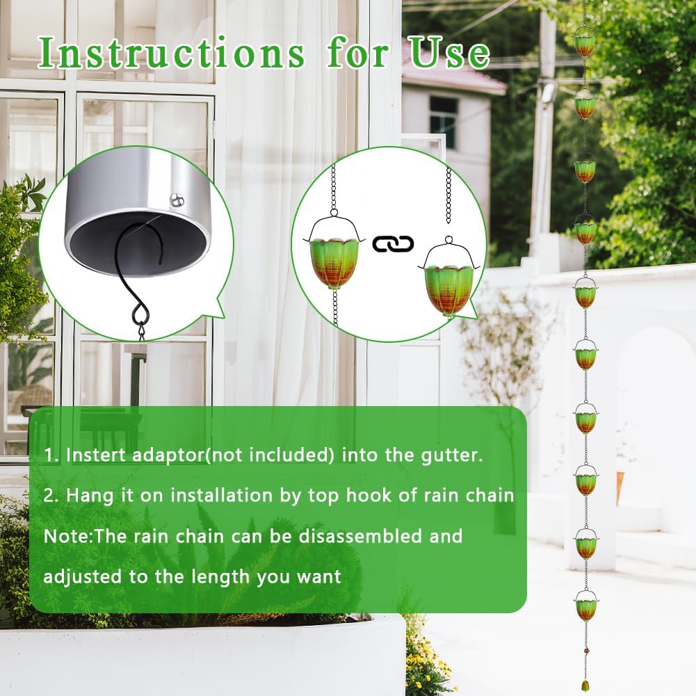 Rain Chains for Outside, 10FT Rain Water Chain with 12 Lily Cups | Adjustable Rain Gutter Chain with Bell for Eaves