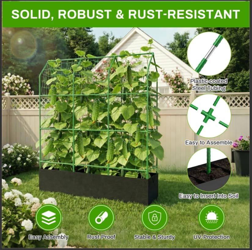 Large Cucumber Trellis with Grow Bag, 65" Tall Metal Garden Trellis for Climbing Plants Outdoor, Reusable Cucumber