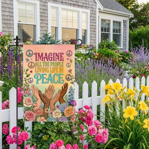 Imagine All The People Living Life In Peace Garden Flag, 12 x 18 Inch Double Sided Floral Unity Decor Yard Flag, Inspirational Kindness Equality Outdoor Banner Gifts for Friend Neighbor Family