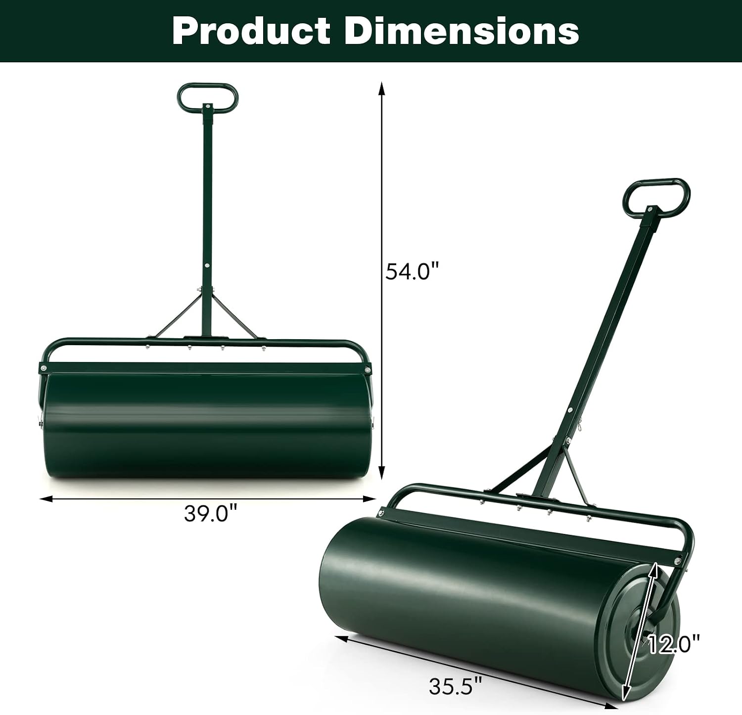 IRONMAX 17 Gallons/63 L Manual Lawn Roller, Water & Sand Fillable, Green | Heavy Duty Tow-Behind Steel Sod Roller with