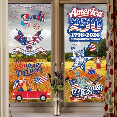 AhfuLife 250 Years Anniversary USA Window Clings for 4th of July, 250 Anniversary 9 Sheets America Patriotic Themed Window Stickers for Independence Day, Home Office Party Decorations(Style D)