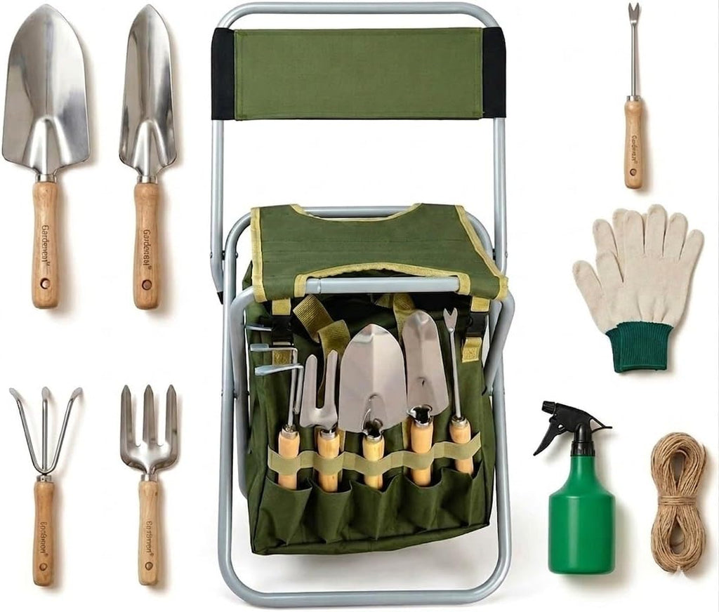 10-piece Gardening Tool Set with Zippered Detachable Tote and Folding Stool Seat with Backrest