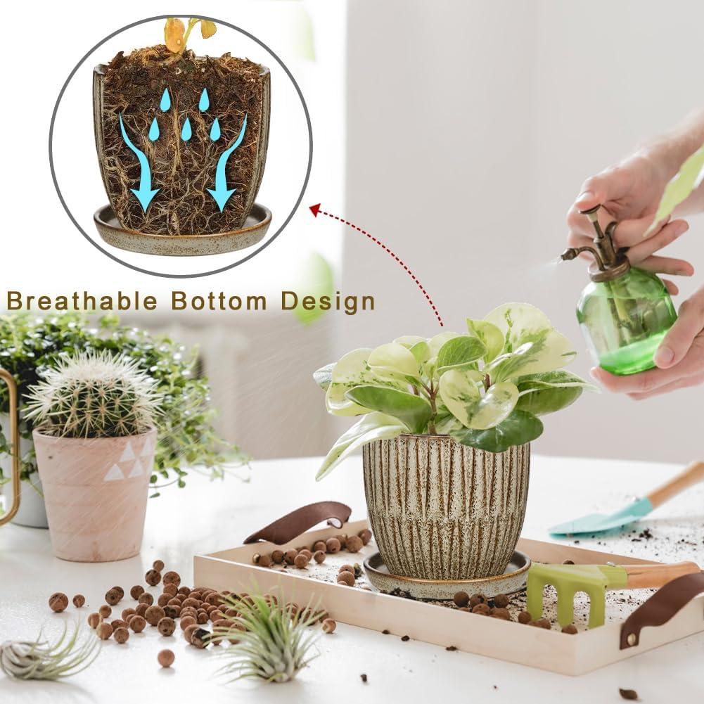 Oairse Ceramic Pots for Indoor Plants, 4.7 +5.7 inch Pots for Plants Set of 2 Brown Plant Pots with Drainage Holes and