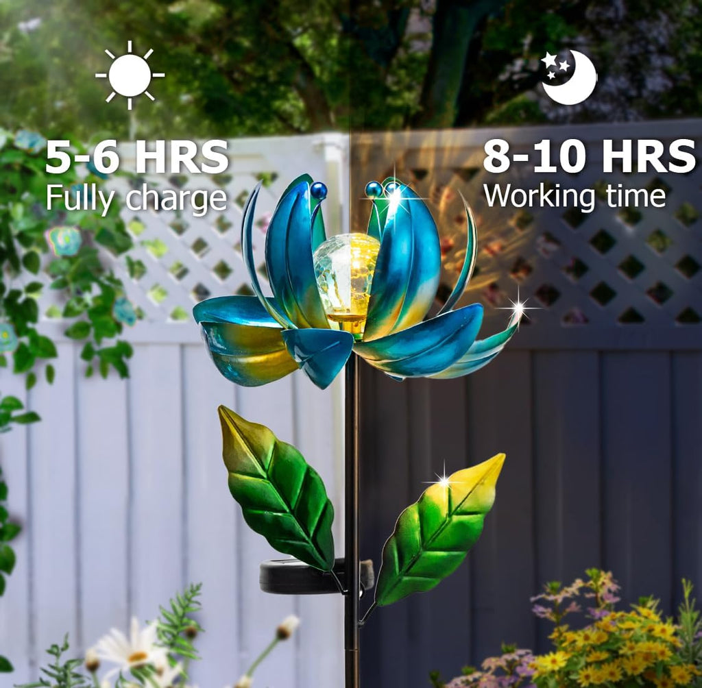 Solar Yard Lights Wind Spinners- Metal Lotus Flower Garden Decor LED Crackle Glass Globe Yard Art Sculpture Solar Stake