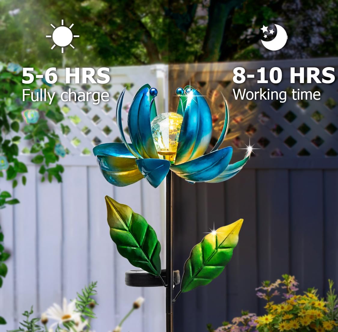 Solar Yard Lights Wind Spinners- Metal Lotus Flower Garden Decor LED Crackle Glass Globe Yard Art Sculpture Solar Stake