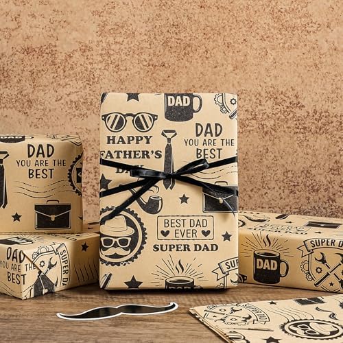 LeZakaa 10 Sheets Fathers Day Flower Wrapping Paper, Happy Father's Day Dad Theme Gift Wrap, Brown Kraft Floral Bouquet Paper for Men Husband Grandpa DIY Gift Packaging, 19.7 x 27.6In Each