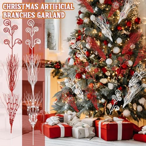 Tigeen 48 Pcs Red White Christmas Tree Picks and Sprays 17" Berry Stem