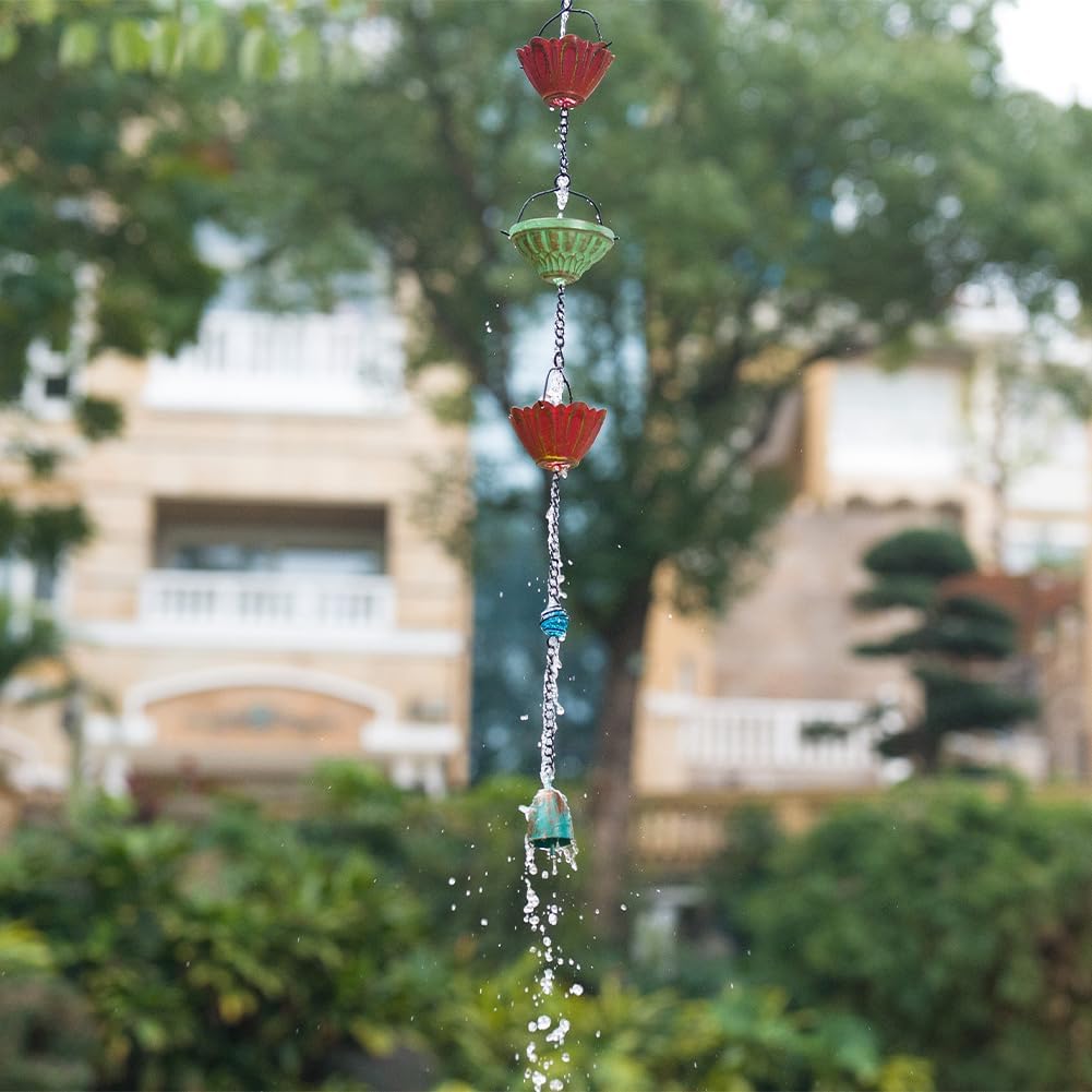 dreamysoul Rain Chains for Outside, 10 FT Decorative Rain Catcher Chains with 16 Cups, Adjustable Rain Chain for